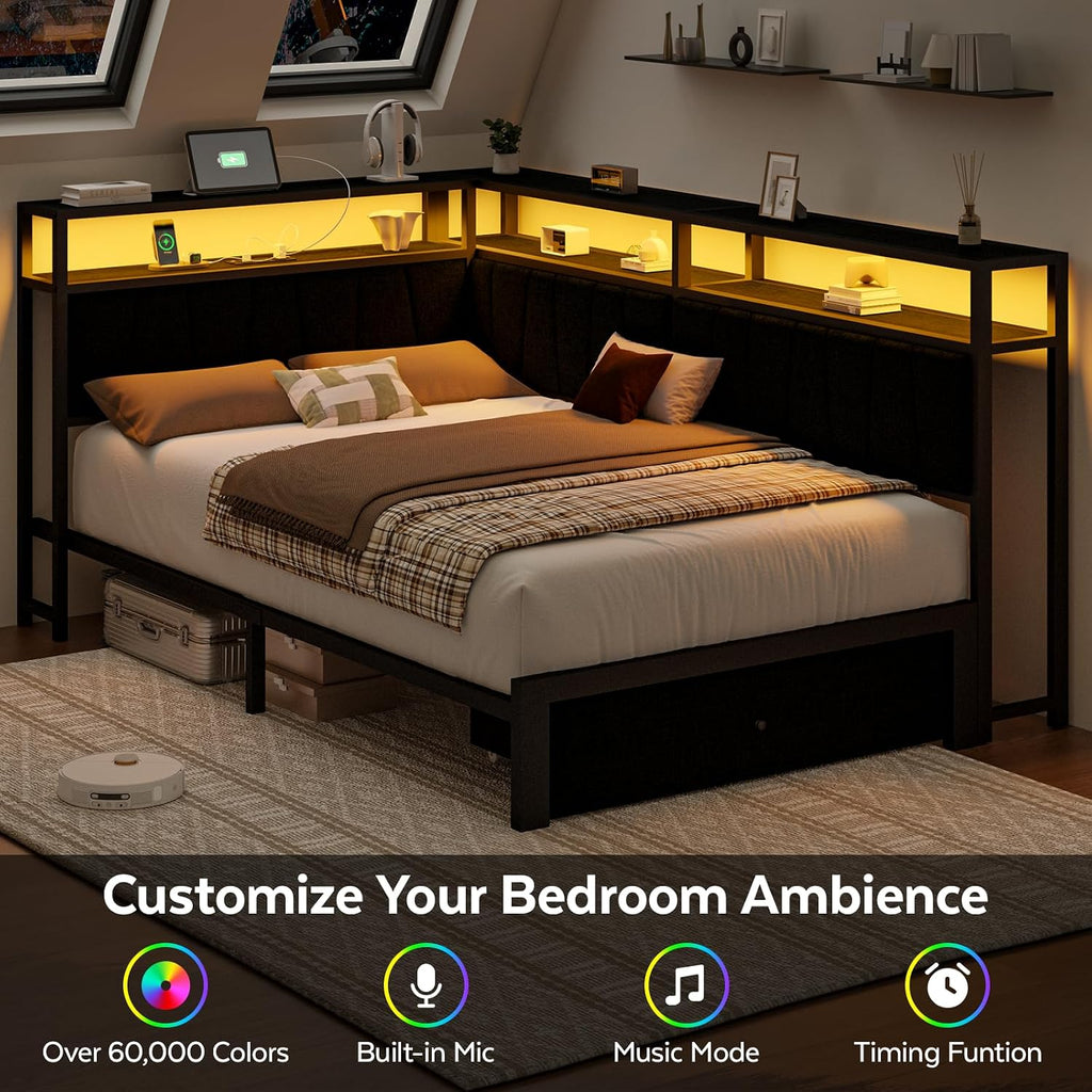 Twin Corner Bed Frame with Storage Drawers, Modern Daybed with LED Lights and Charging Station, Metal Twin Platform Bed Frame with Linen Upholstered Guardrail for Dorm Bedroom, Black