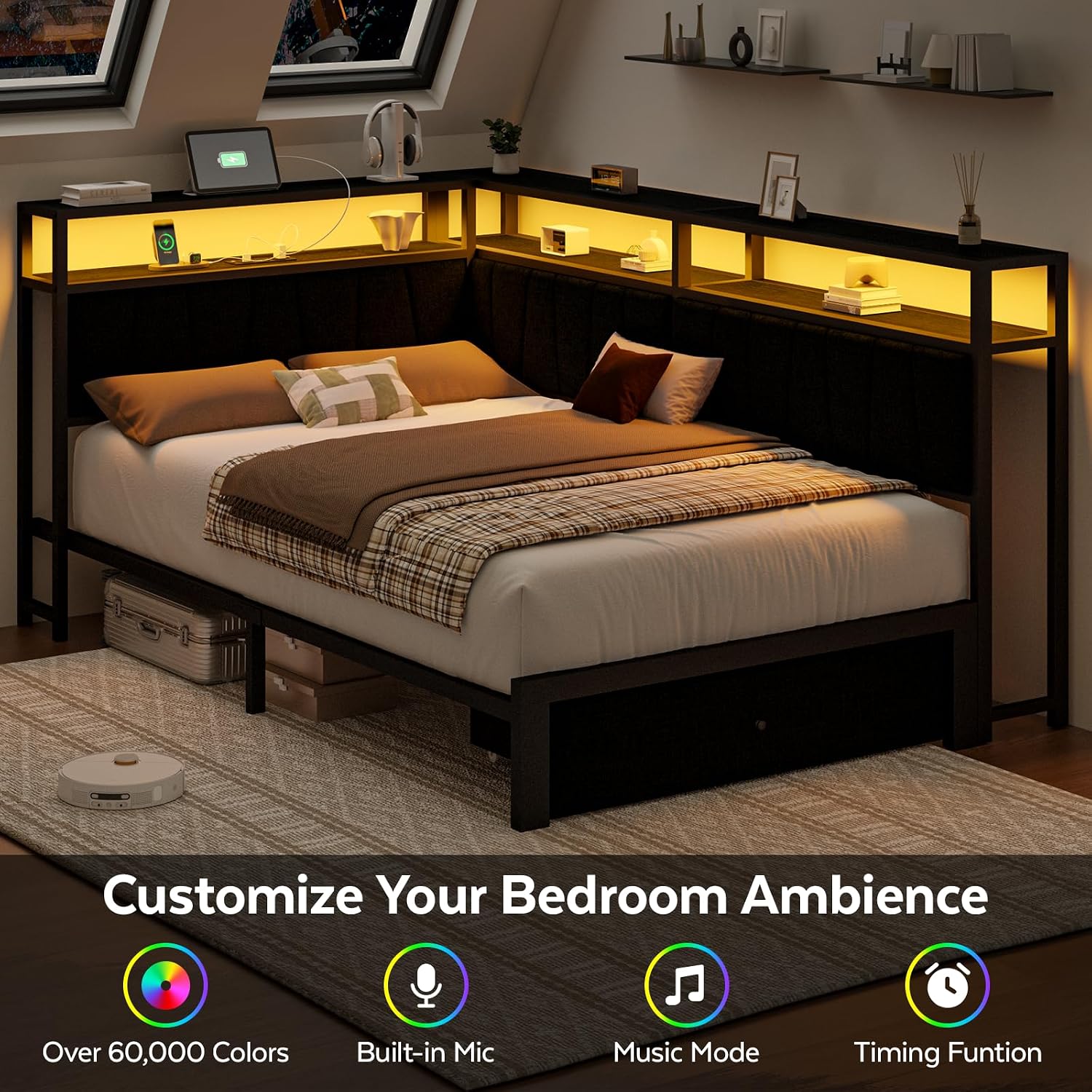 Twin Corner Bed Frame with Storage Drawers, Modern Daybed with LED Lights and Charging Station, Metal Twin Platform Bed Frame with Linen Upholstered Guardrail for Dorm Bedroom, Black