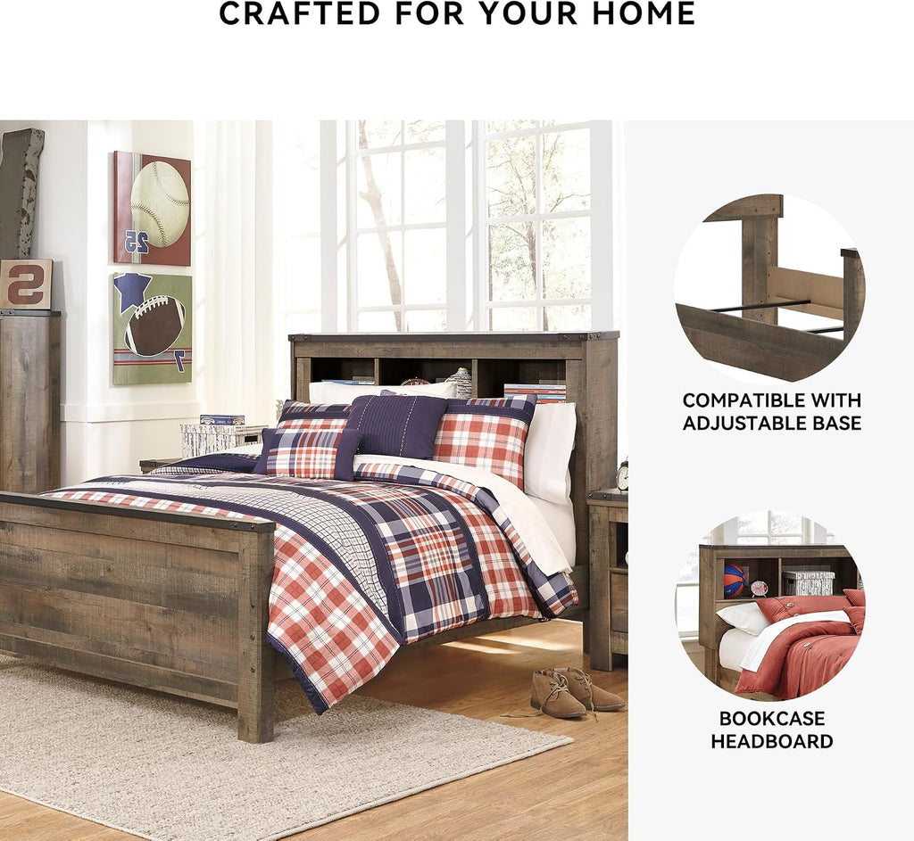 Signature Design by Ashley Trinell Country Rustic Bookcase Panel Bed with Nailhead Accents, Foundation or Box Spring Needed, Full, Dark Brown