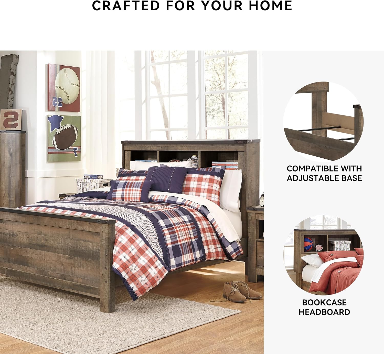 Signature Design by Ashley Trinell Country Rustic Bookcase Panel Bed with Nailhead Accents, Foundation or Box Spring Needed, Full, Dark Brown
