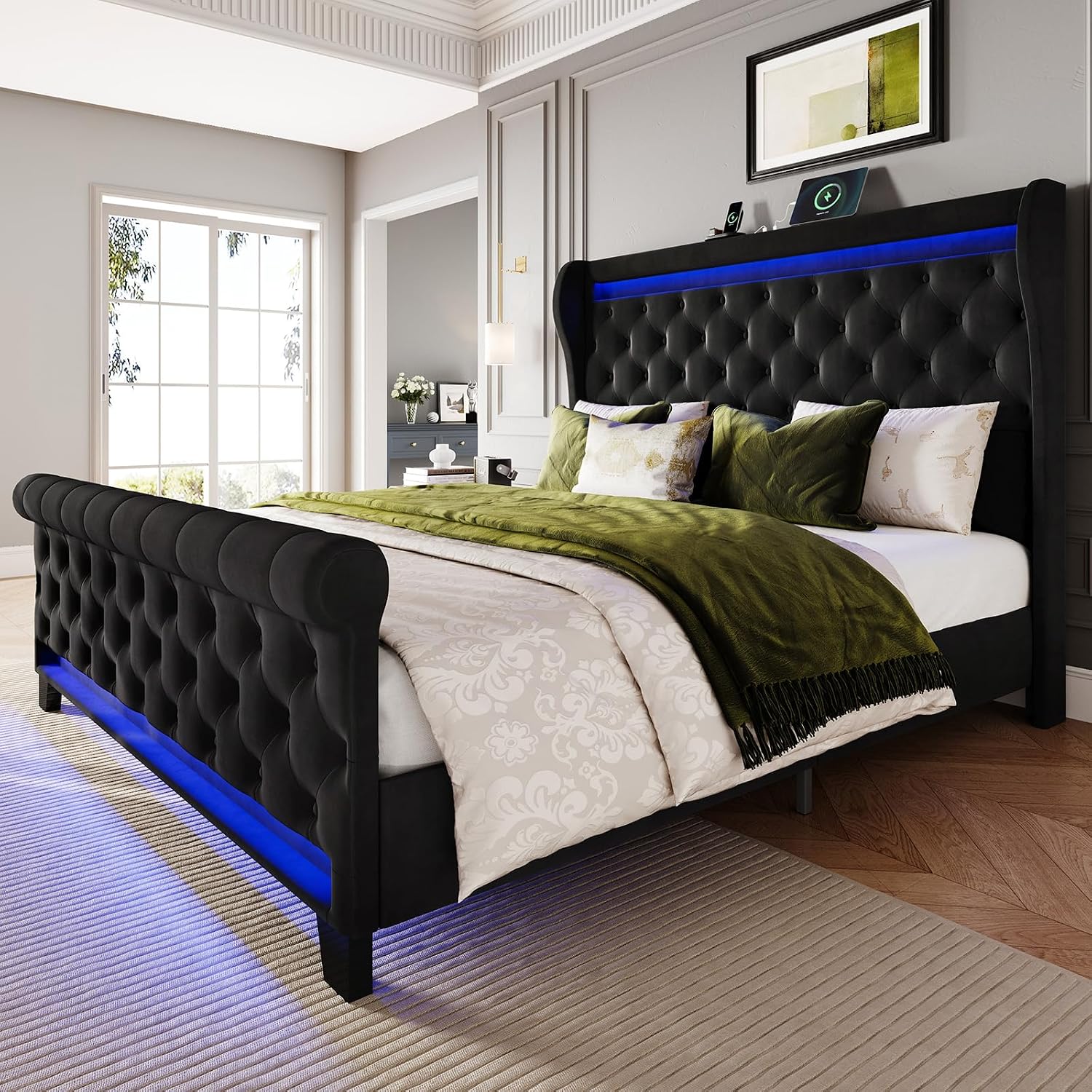 Belffin King Size Bed Frame with Headboard,50' Tall Headboard Upholstered Velvet Platform Bed with LED Lights & 2 USB Port/1 Type C Port, Button Tufted, No Box Spring Needed,Noise Free,Black