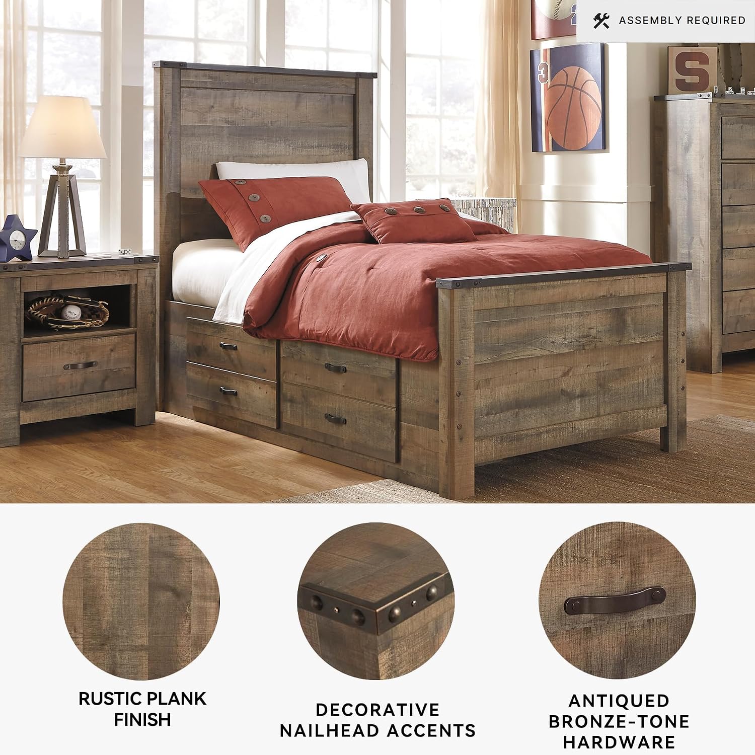 Signature Design by Ashley Trinell Casual Twin Panel Platform Bed with 2 Storage Drawers and Nailheads, Foundation or Box Spring Not Needed, Dark Brown