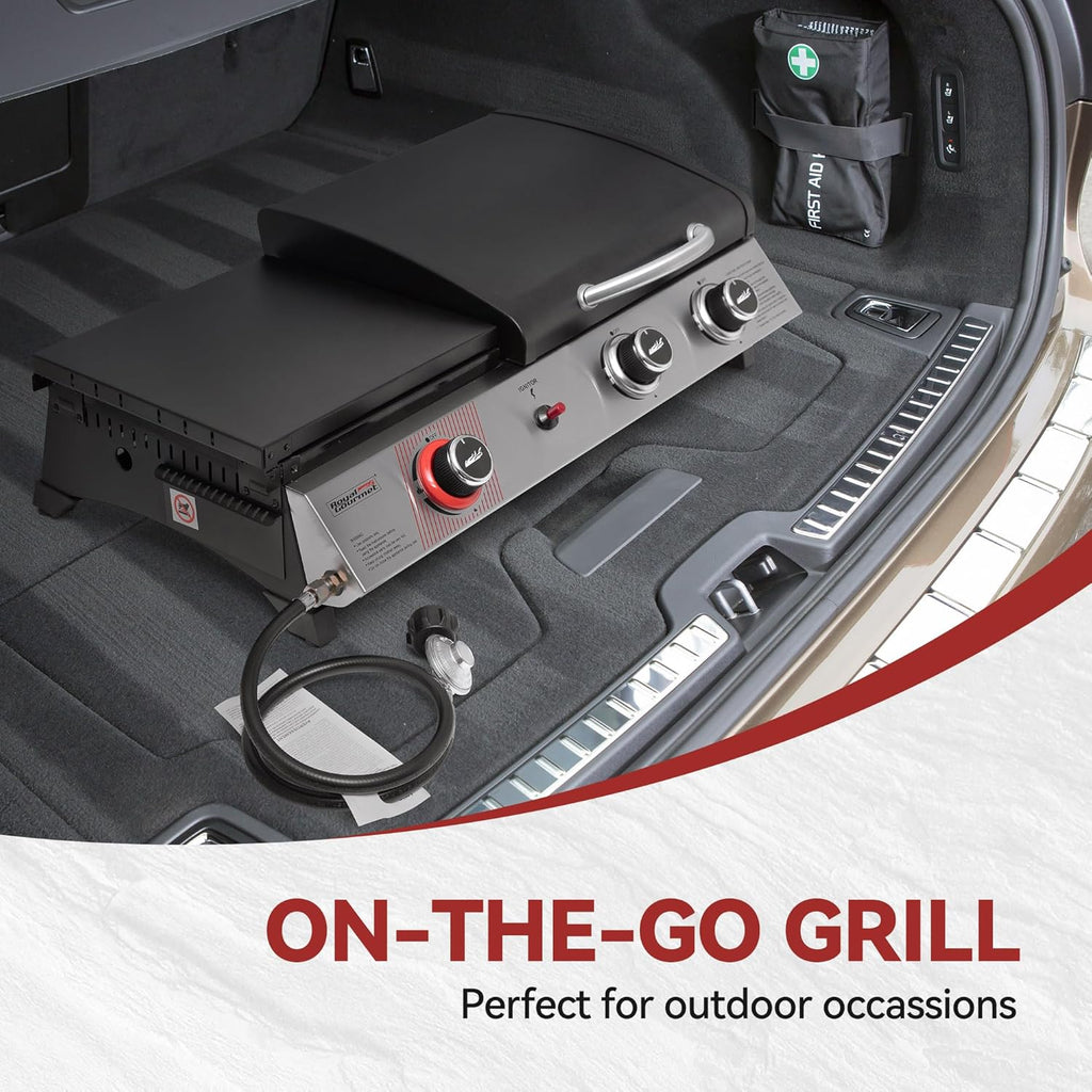 3-Burner Portable Propane Gas Griddle with Side Burner, 3-in-1 Grill and Griddle Combo with Lid, Outdoor Cooking, 29,000 BTU, Silver, PD1305H-SC