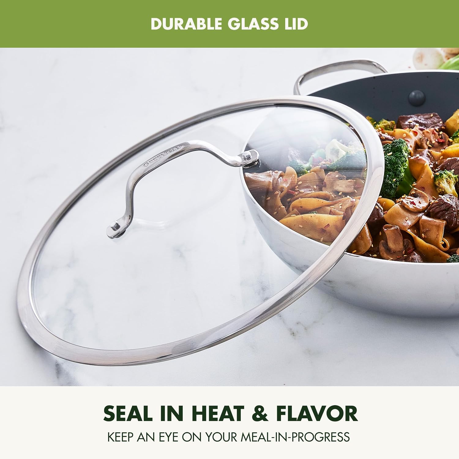 GreenPan Valencia Pro Tri-Ply Stainless Steel 12' Wok with Lid, PFAS-Free Ceramic Nonstick Coating, Induction Ready Cookware, All Cooktops, Dishwasher & Oven Safe to 600F