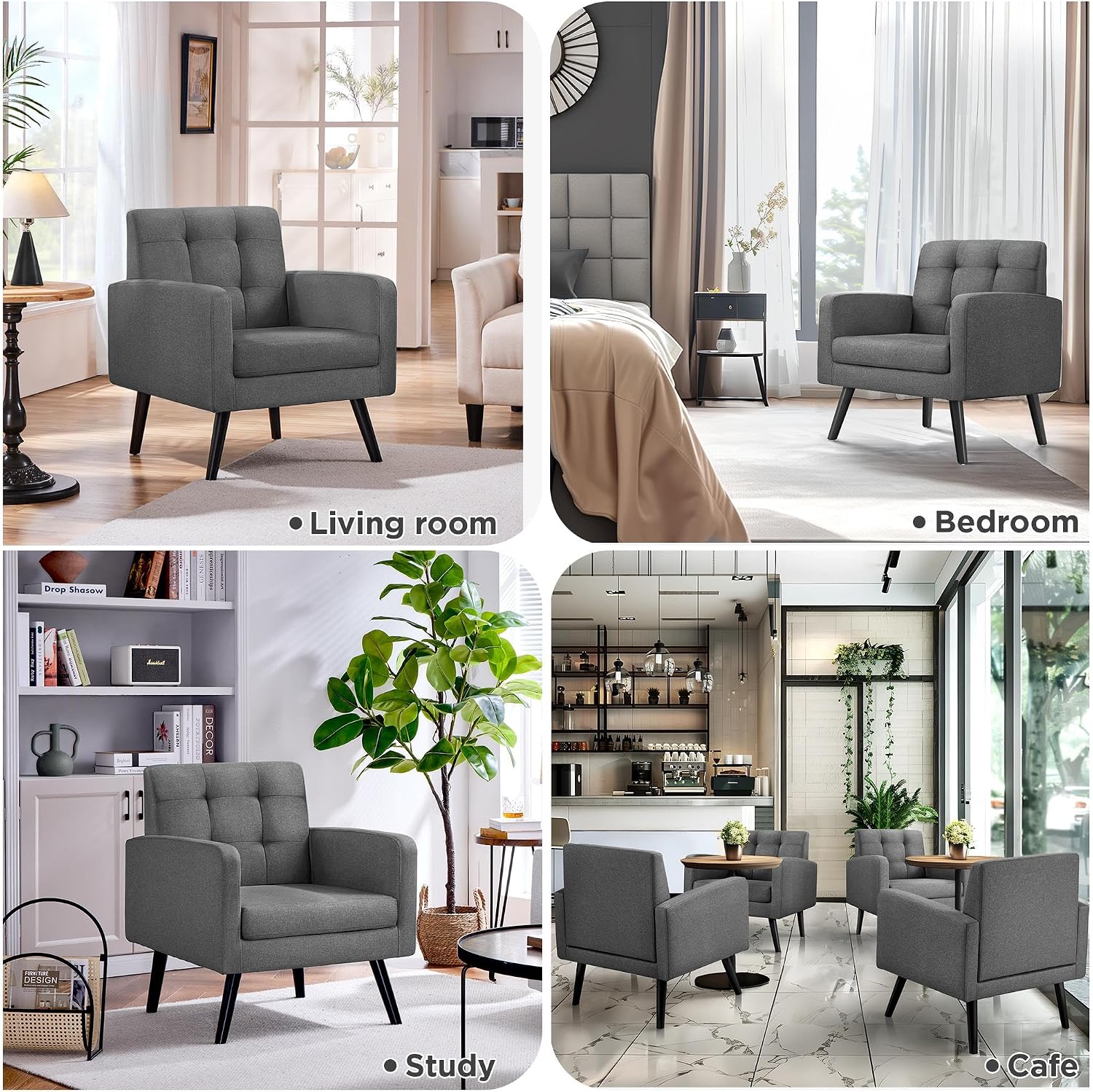 Yaheetech Modern Living Room Chair, Mid-Century Armchair Button Tufted Back and Wood Legs, Vintage Lounge Chair for Bedroom/Home Office/Study, Gray