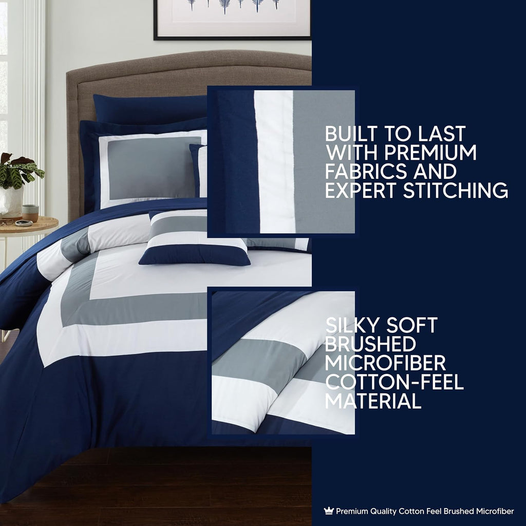Chic Home Duke Queen Comforter Set 10-Piece, Colorblocked Queen Size Comforter Set with 2 Shams, 3 Pillows and Bedding Set Queen (Navy)