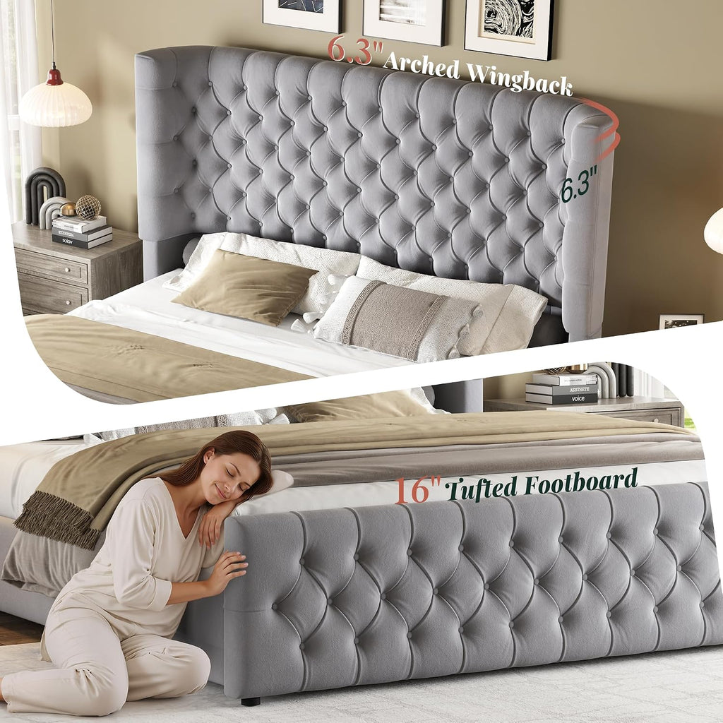 Jocisland King Size Platform Bed Frame, 6.3' Thick Upholstered Curved Wingback Headboard and Footboard with Deep Button Tufted, Easy Assembly, No Box Spring Needed, Light Grey Velvet