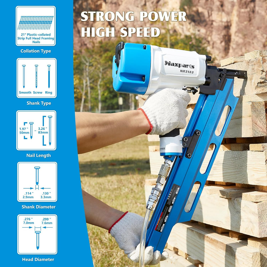 Maxparts Framing Nail Gun NR2183 21 Degree Plastic Strip Nailer with Aluminum Magazine Quick Shooting Pneumatic Tools for Wood Constructions Light Blue Color