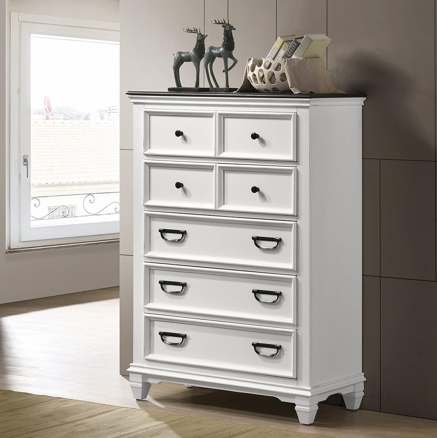 Clelane Wood Bedroom Set with Shiplap Panel King Bed, Dresser, Mirror, Nightstand, and Chest in Weathered White and Dark Gray