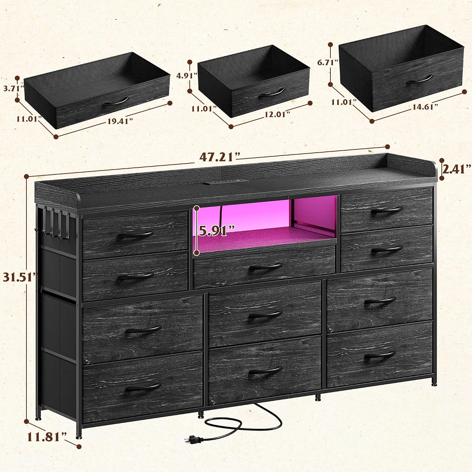EnHomee Dresser TV Stand with 11 Drawers, 60' TV Stand with LED Lights & Power Outlets, Long Dresser for Bedroom with Shelves & 4 Hooks for Dorm, Hallway, Charcoal Black