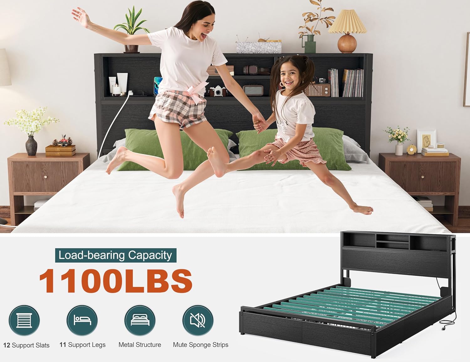 EnHomee Queen Bed Frame with 6 Storage Drawers, Headboard & Charging Station, Noise-Free Metal Platform Bed, No Box Spring Needed,Black