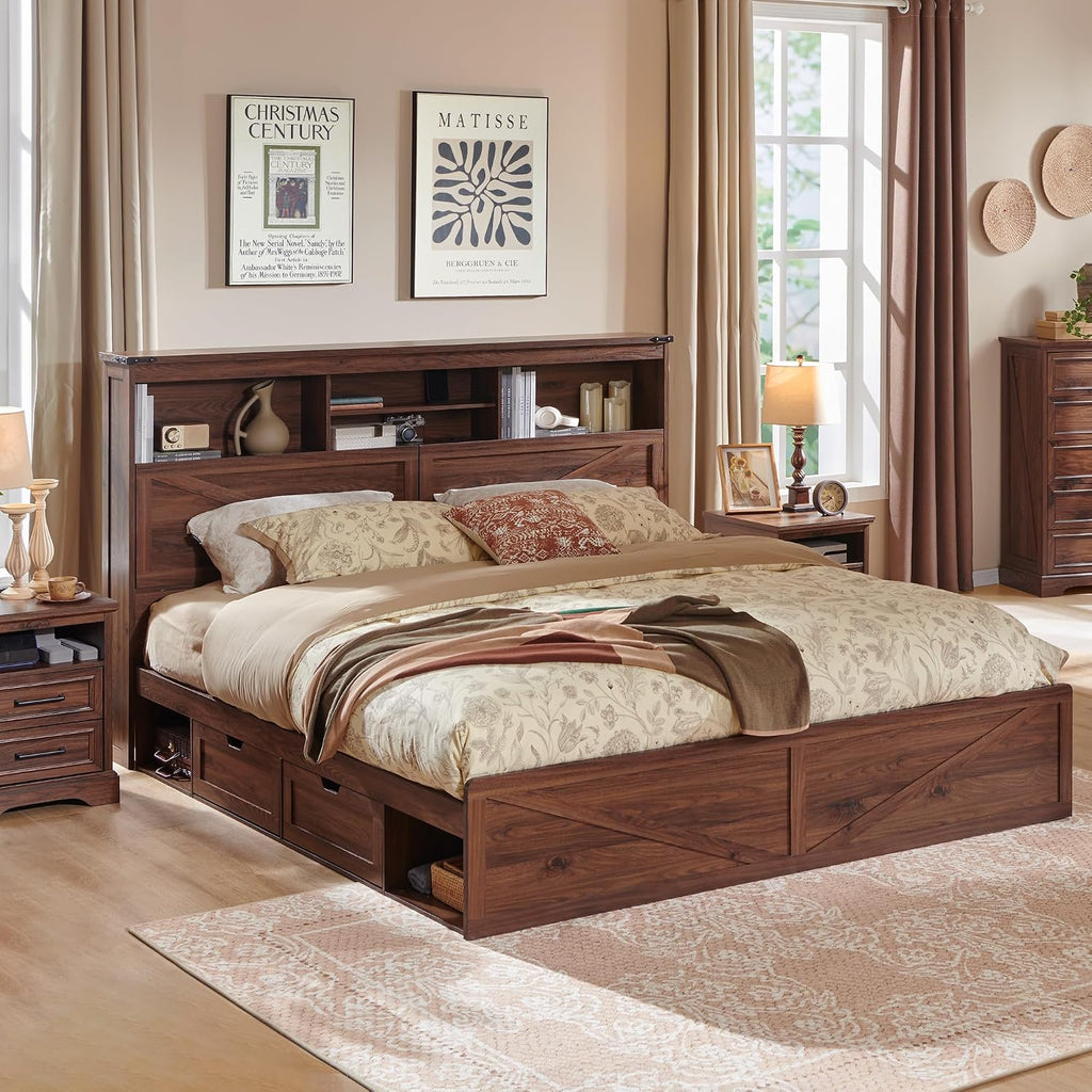 ACCOHOHO Farmhouse King Size Bed Frame with 52' Tall Storage Headboard and LED Light,Wood Platform Bed Frame with 4 Drawers and Charging Station,Solid Wood Slats Support,No Box Spring Needed,Brown