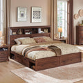 ACCOHOHO Farmhouse King Size Bed Frame with 52' Tall Storage Headboard and LED Light,Wood Platform Bed Frame with 4 Drawers and Charging Station,Solid Wood Slats Support,No Box Spring Needed,Brown
