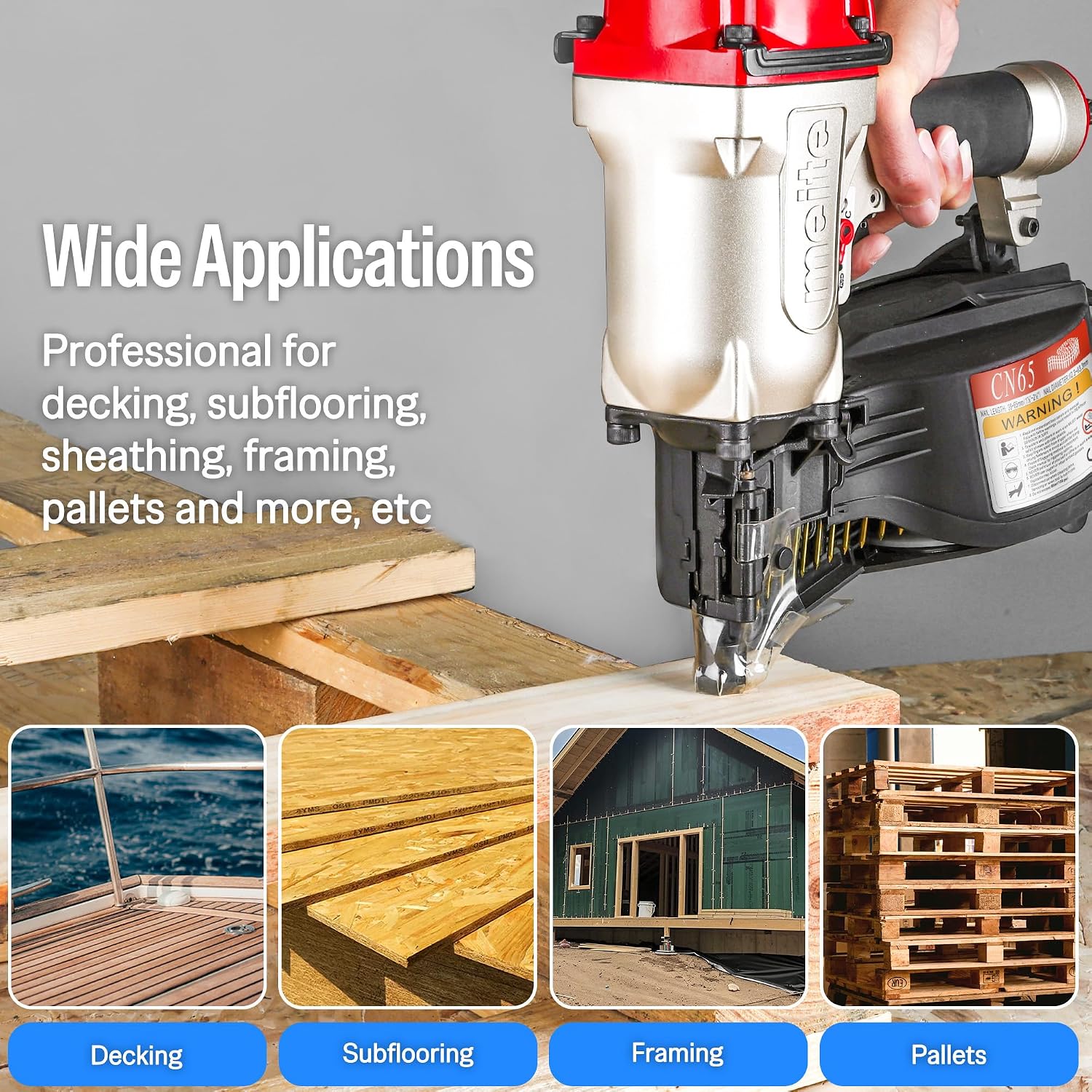 meite CN65 Coil Nailer Pneumatic Nail Gun 15 degree 1-1/2' to 2-1/2' Coil Nails, Heavy Duty Air Coil Nailer with Coil Nail Magazine 300PCS for Hardwood Projects Pallets Framing Sheathing