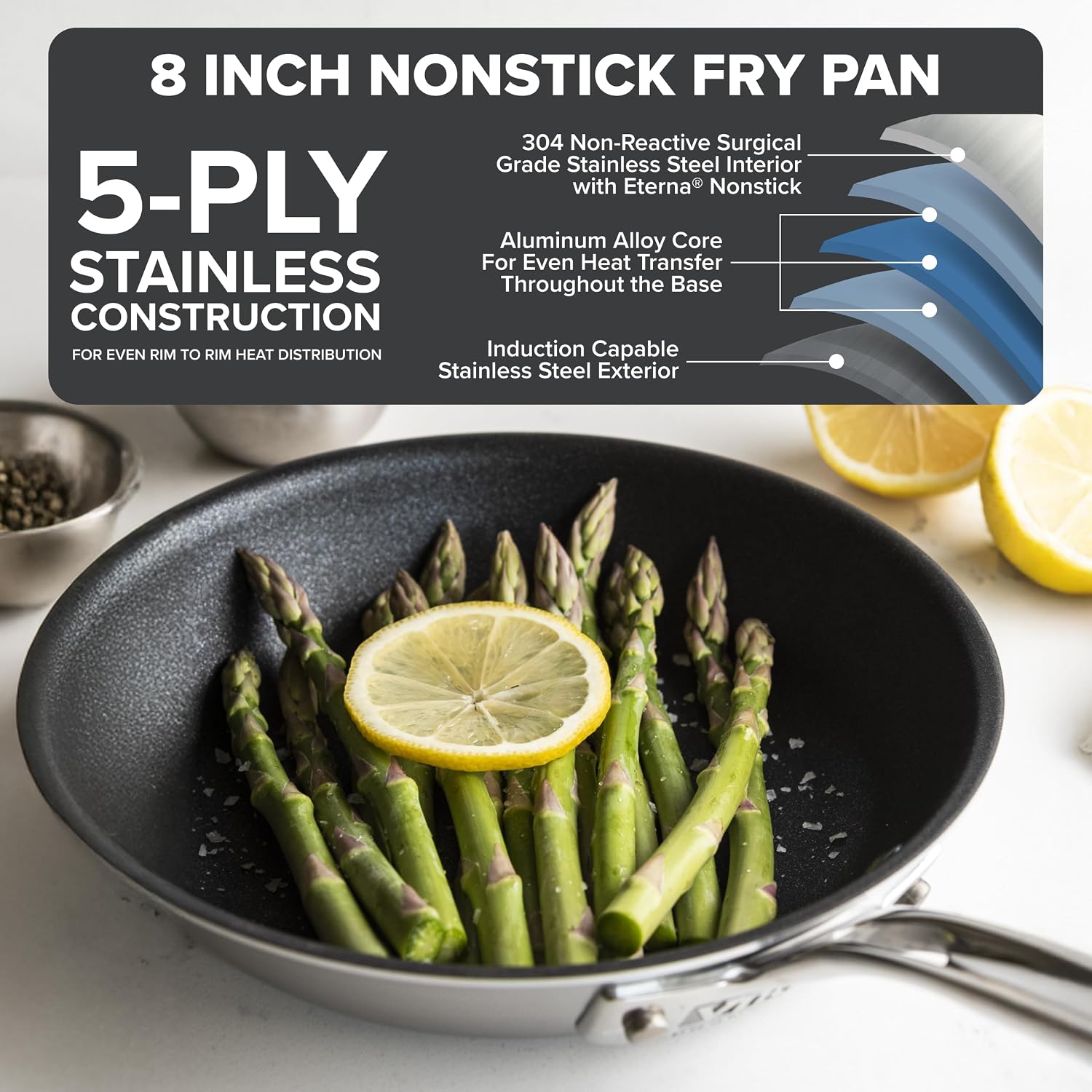 Viking 5-Ply Non Stick Frying Pan, 8 Inch Stainless Steel Nonstick Fry Pan, 5 Liters, Satin FInish