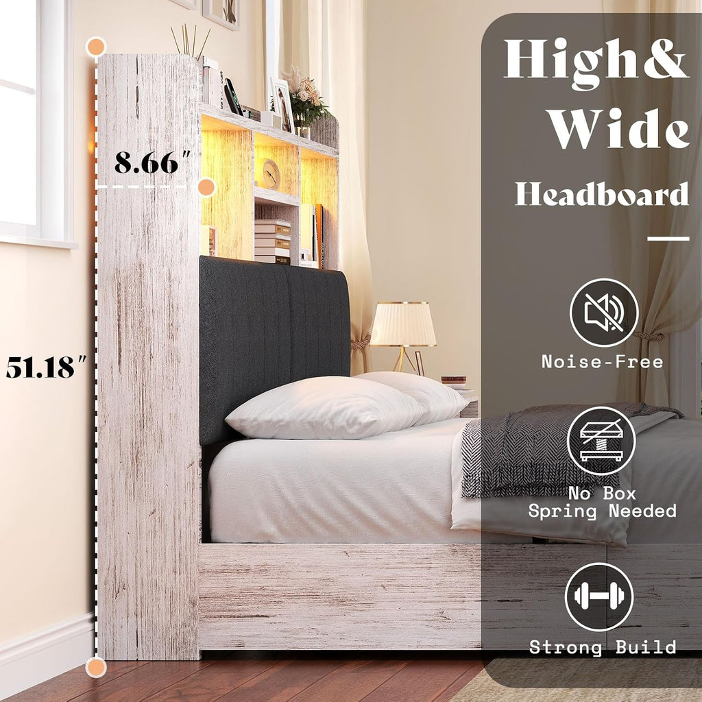 AMERLIFE Queen Size Bed Frame with 51.2' Tall Bookcase Headboard, Farmhouse Platform Bed with 4 Storage Drawers, Linen Upholstered, Charging Station & Storage, Rustic White