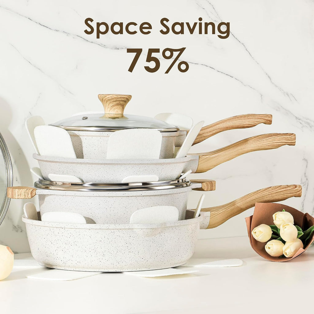 SENSARTE Nonstick Ceramic Cookware Set, 23 PCS Pots and Pans Non Toxic, PFAS & PFOA Free, Non Stick Healthy Kitchen Cooking Set with Stay-Cool Handles, White