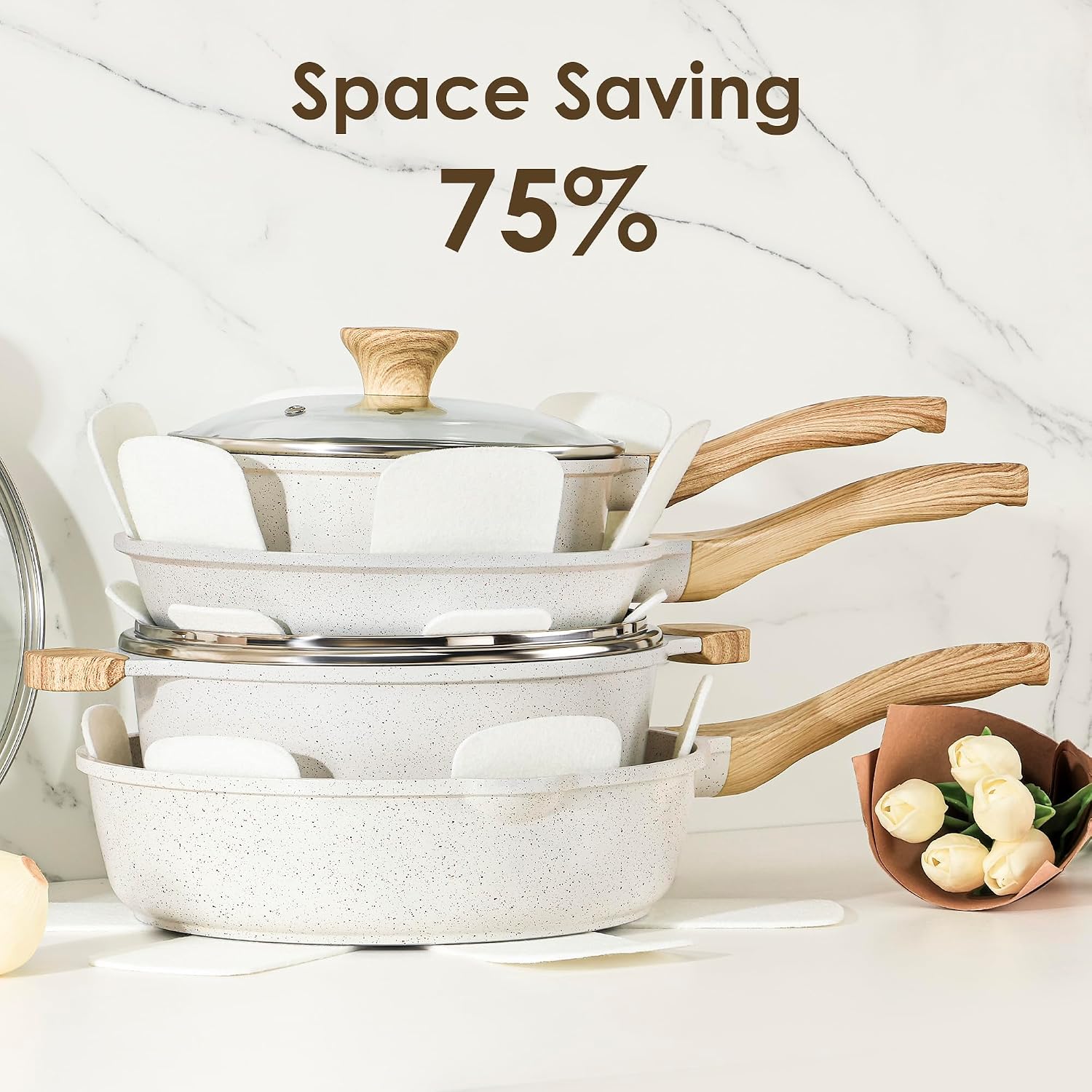 SENSARTE Nonstick Ceramic Cookware Set, 23 PCS Pots and Pans Non Toxic, PFAS & PFOA Free, Non Stick Healthy Kitchen Cooking Set with Stay-Cool Handles, White
