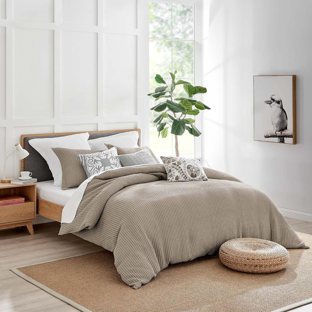 Levtex Home Mills Waffle King Duvet Cover Set (106x94in) with 2 Pillow Shams (36x20in) - Beige Fawn - Cotton King Size Duvet Cover Set - Soft, Pre-Washed