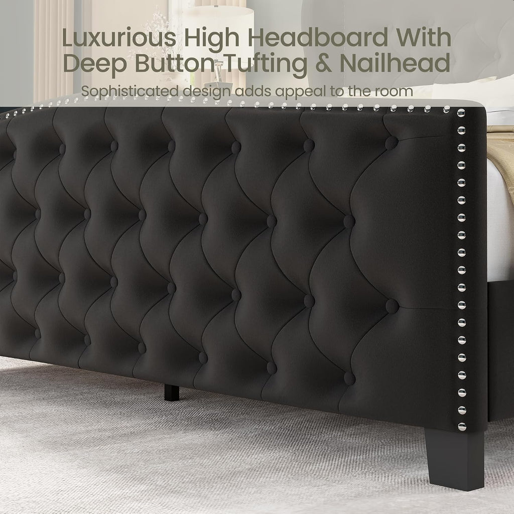 LARMACE Queen Size Bed Frame Velvet Upholstered Platform Bed with Wingback Headboard & Footbaord, Deep Button Tufted Bed Frame with Wood Slats Support, No Box Spring Needed, Black
