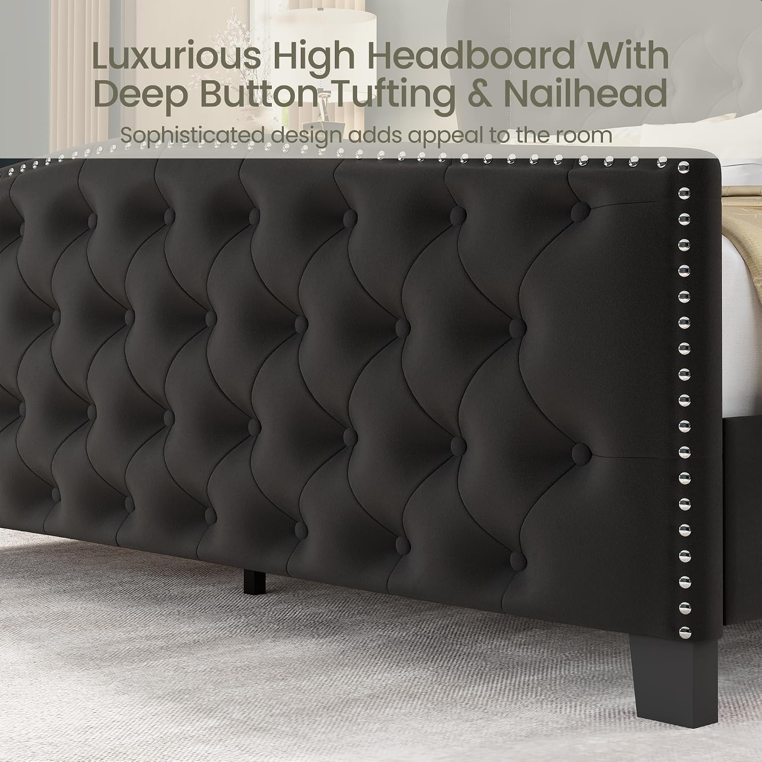 LARMACE Queen Size Bed Frame Velvet Upholstered Platform Bed with Wingback Headboard & Footbaord, Deep Button Tufted Bed Frame with Wood Slats Support, No Box Spring Needed, Black