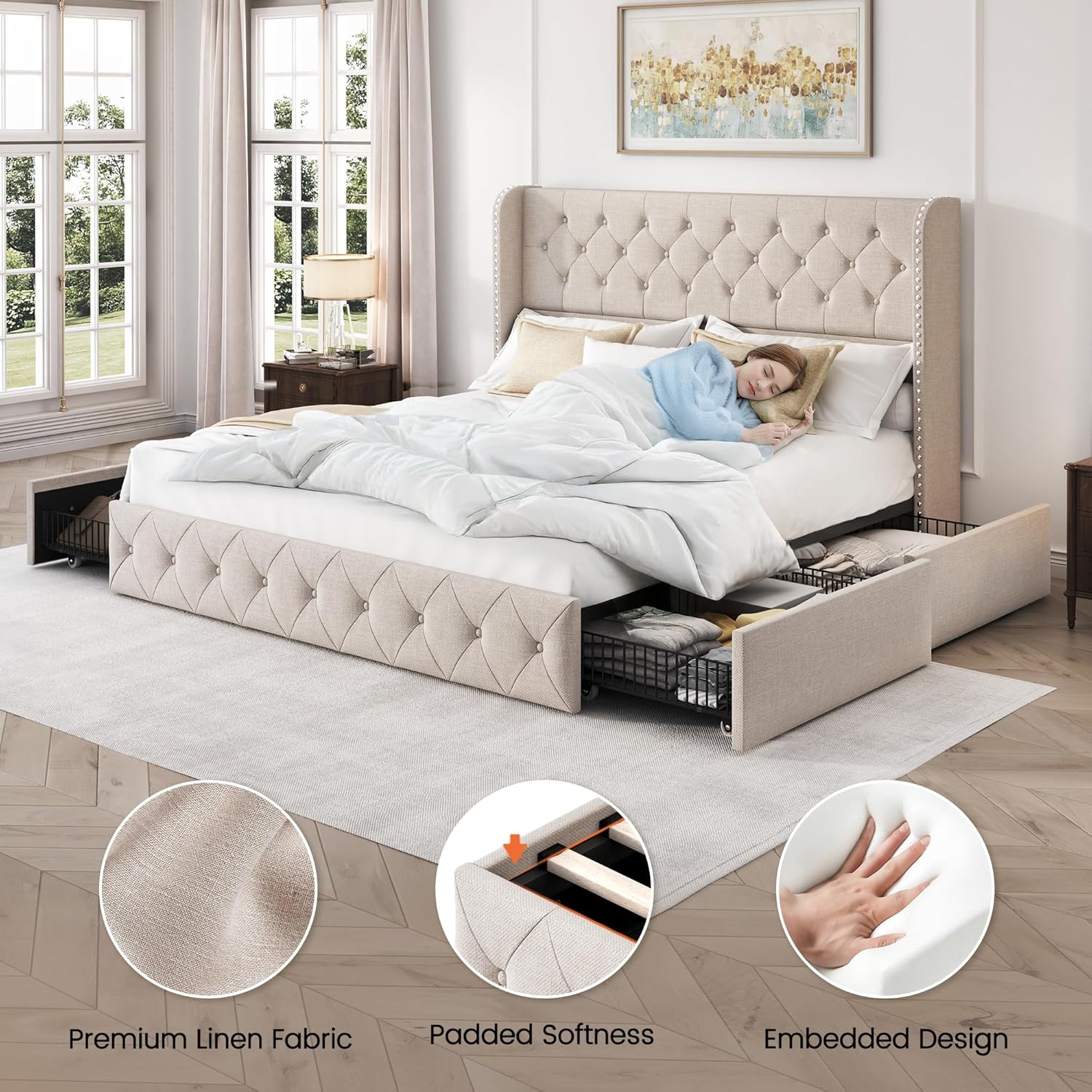 LARMACE King Size Bed Frame with 4 Storage Drawers and 47.2' Tall Tufted Headboard Linen Upholstered Platform Bed Frame Wingback Beds with Wooden Slats Support, Easy Assembly, Beige