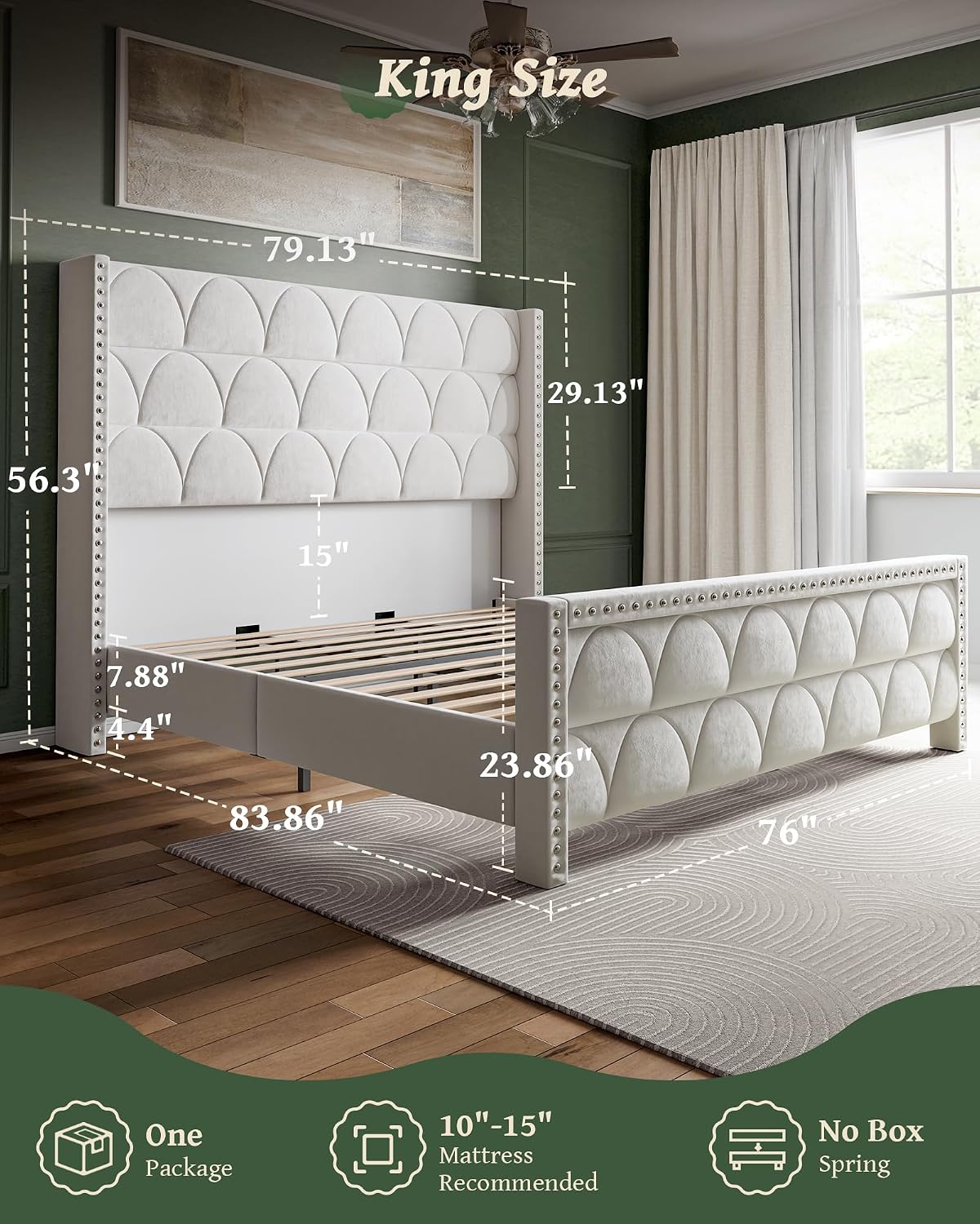 OHOHOLIVE King Size Bed Frame with 56' Headboard - 1000LBS Capacity Support, Velvet Upholstered Wingback Platform Bed Frame, Noise Free, Sturdy Wooden Slat Support