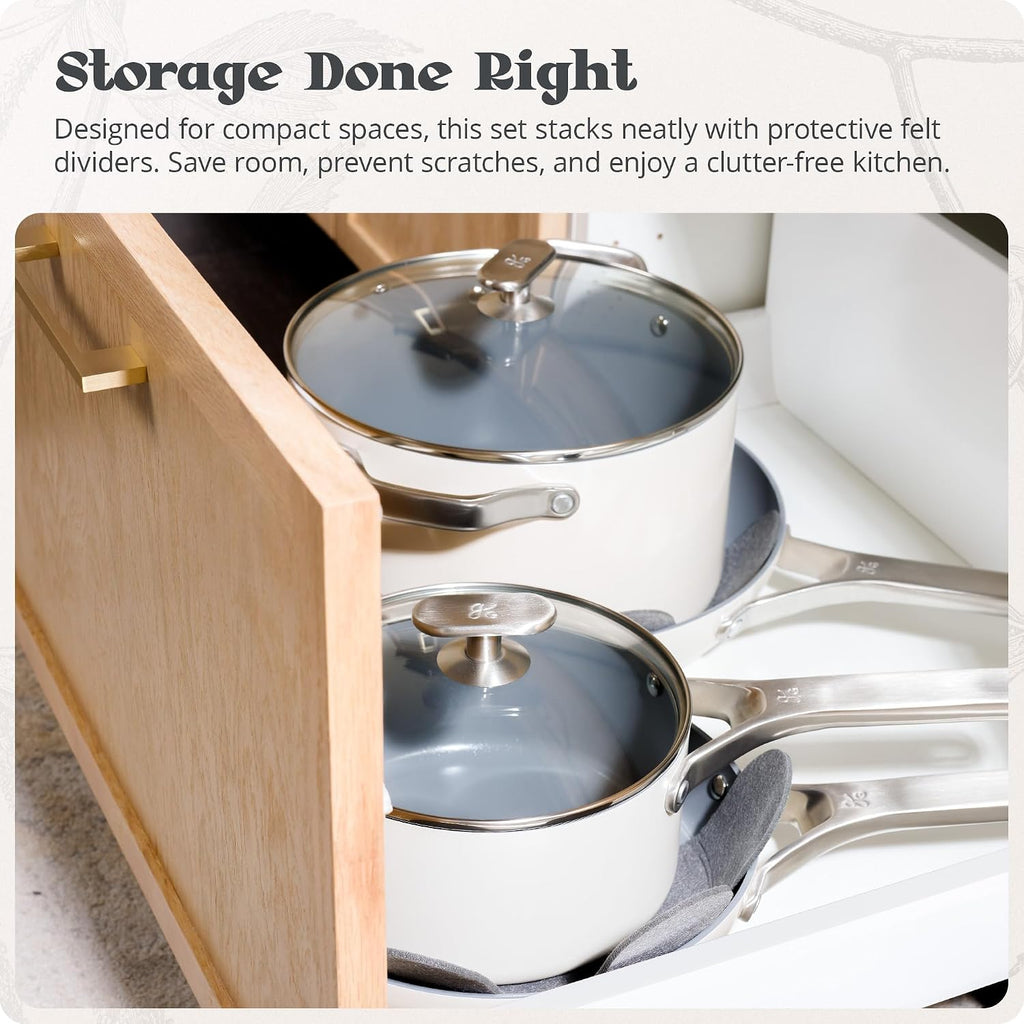 Premium Non-Toxic Ceramic Cookware Set – Triple-Layer Nonstick 12 Piece Pots and Pans with Lids, PFAS-Free, Oven Safe for Healthy Meals, Space-Saving Design, Birch White Color | Greater Goods