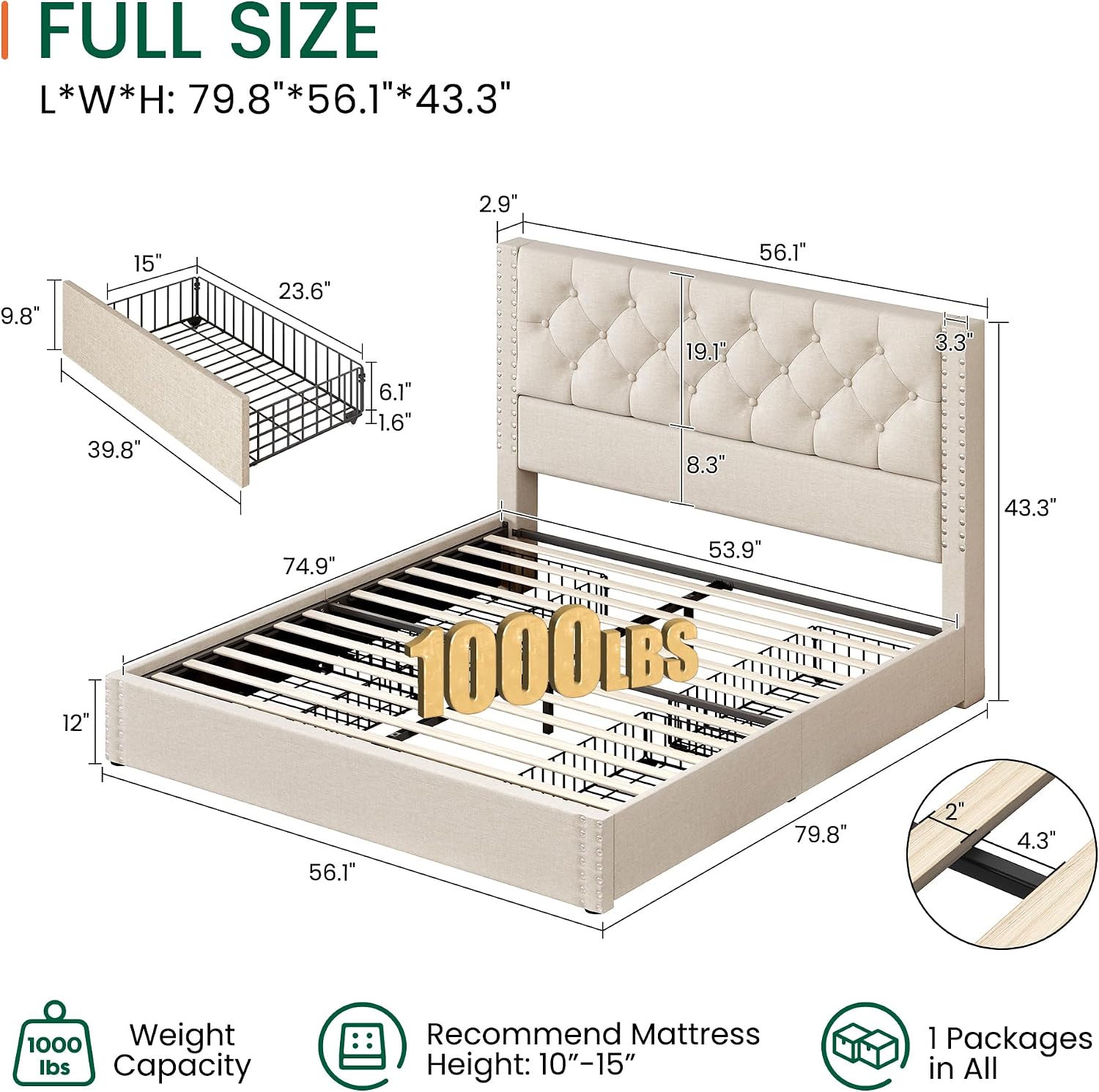 LARMACE Full Size Bed Frame with 4 Storage Drawers and Tufted Headboard Linen Upholstered Platform Bed Frame with Heavy Duty Wood Slats,No Box Spring Needed,Easy Assembly,Beige