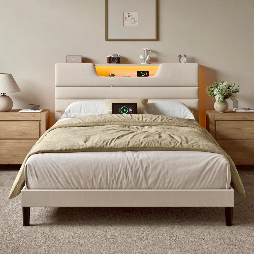 OURPIC Queen Size Bed Frames with Upholstered Headboard, Modern Platform Bed with Charging Station and Led Lights, Bed Frame with Sturdy Wooden Slats/No Box Spring Needed/2-Tier Storage, Beige