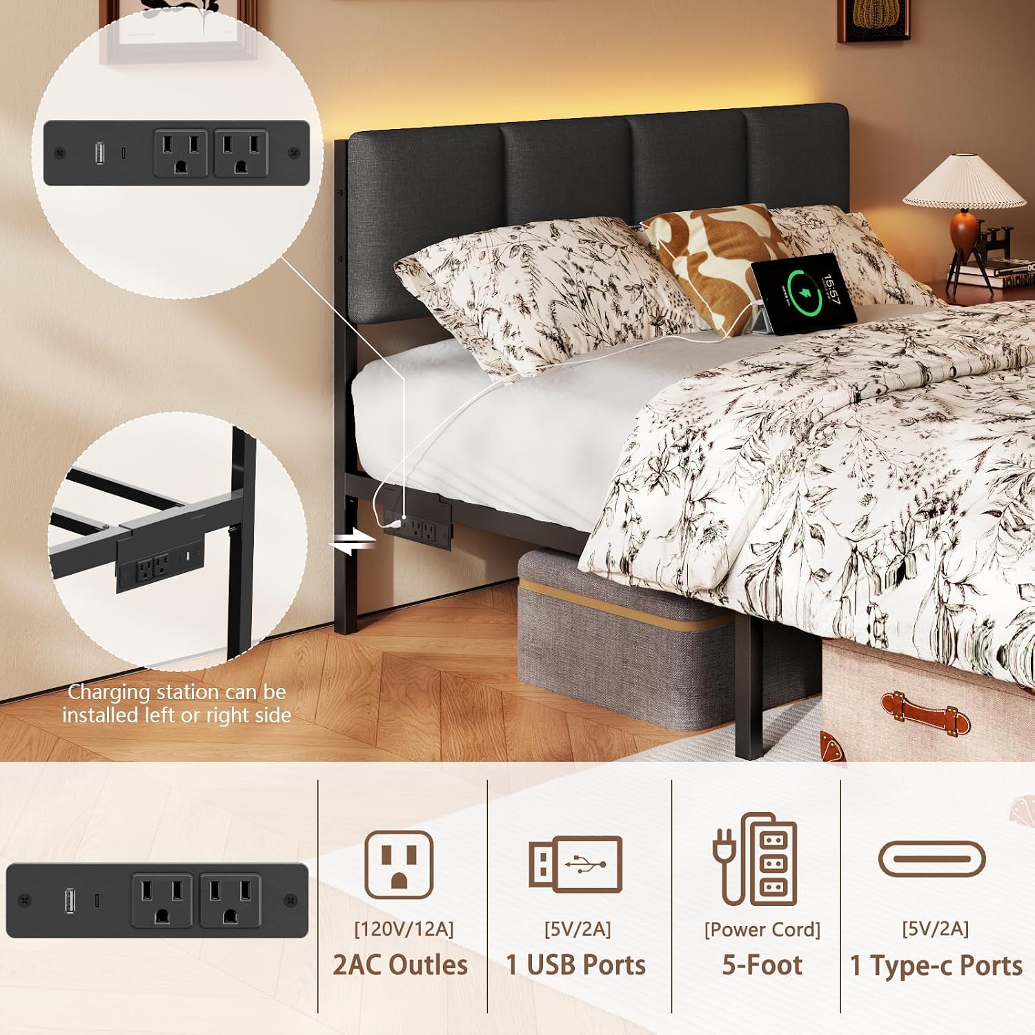 Furnulem Full Size Bed Frame with Headboard, Upholstered Full Bed Frame with LED Light, USB Charging Station, Platform Bedframe with 2 Fabric Underbed Storage Drawers, No Spring Box Needed