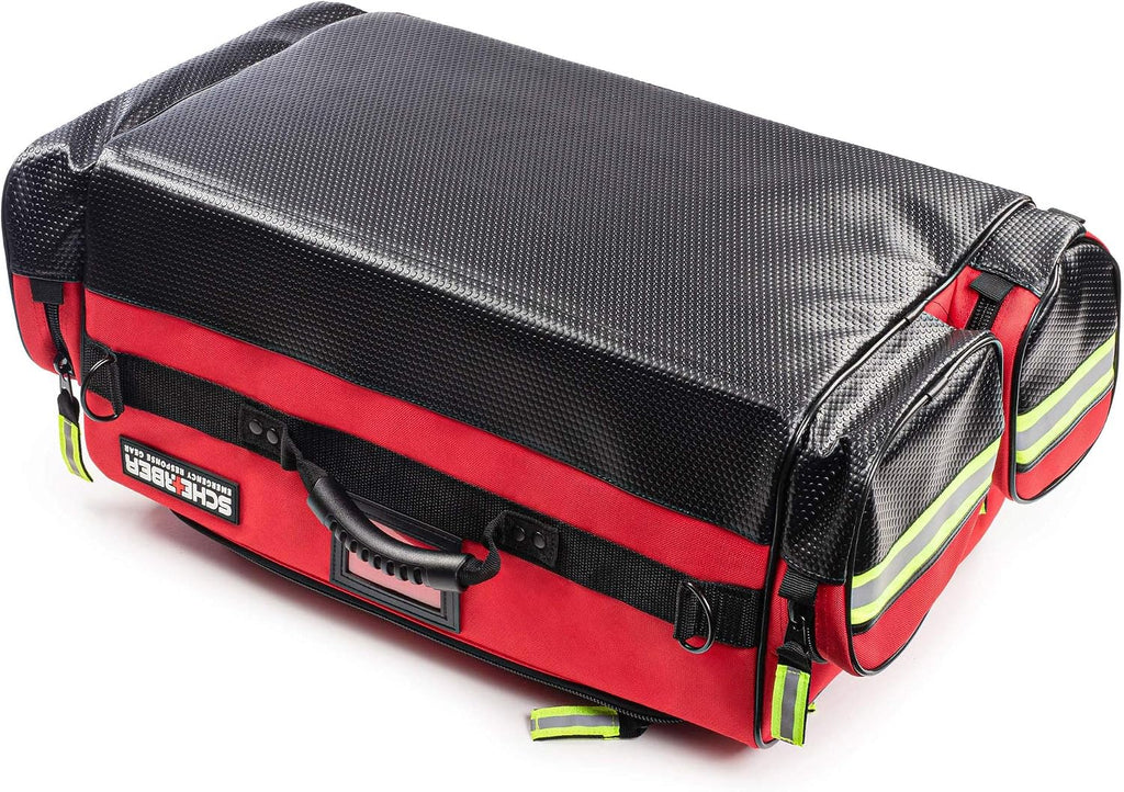 Scherber Fully Stocked First Responder Ultimate Professional EMT/EMS Trauma Kit | HSA/FSA Approved | w/10+ Compartments, Zippered Pockets, Dividers, Oxygen Access & 260+ First Aid Supplies (Red)