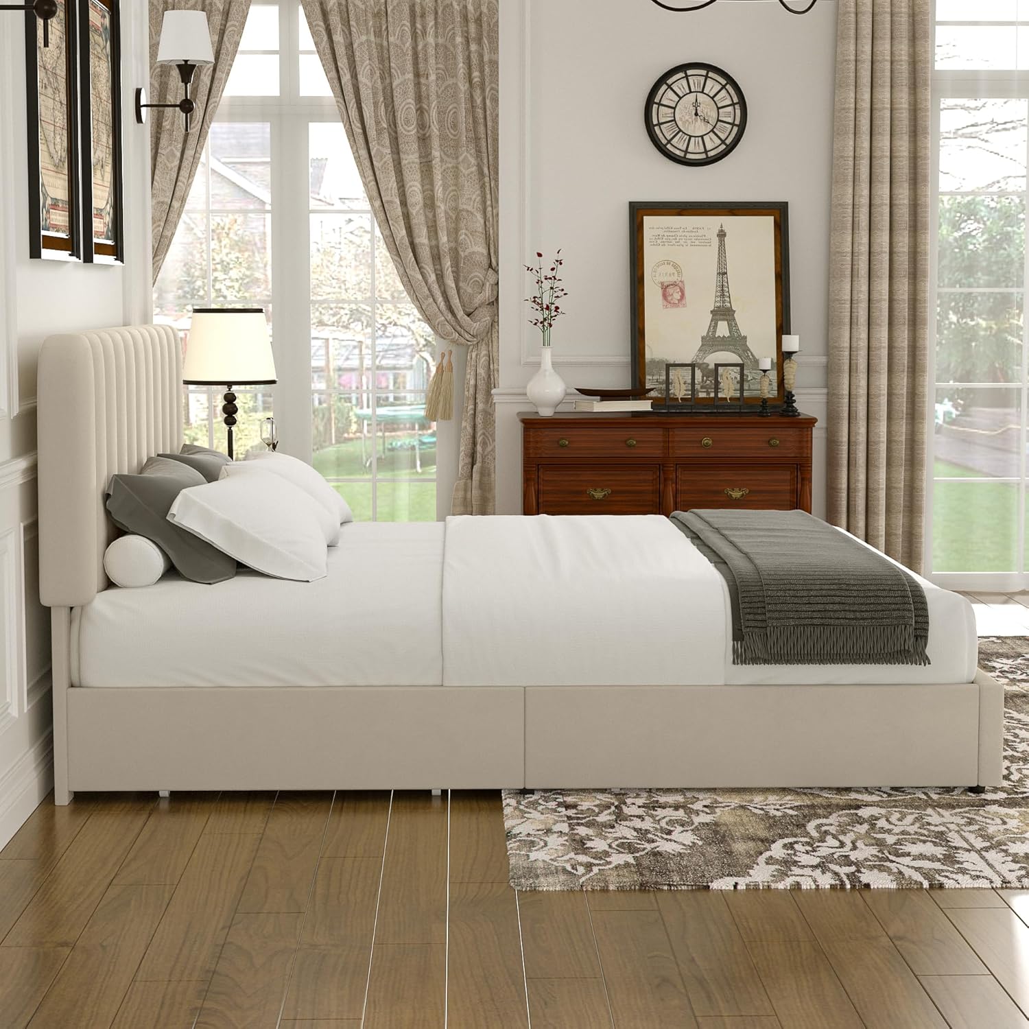 VECELO King Size Upholstered Bed Frame with 4 Drawers and Headboard, Velvet Platform Storage Bedframe, Wooden Slats Support, No Box Spring Needed,Bone Beige