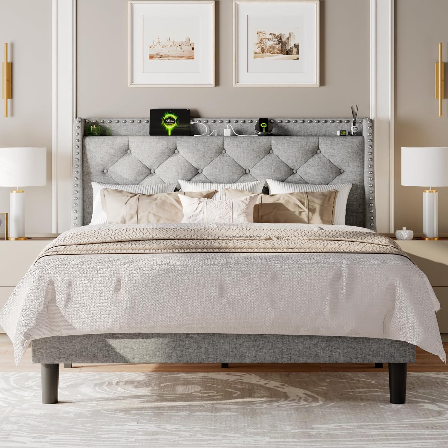 Feonase Full Size Bed Frame with Luxury Wingback and Fast Charging Station,Full Upholstered Button Tufted Storage Headboard Platform Bed,Sturdy Wooden Slats Support,Easy Assembly,Noise-Free,Light Gray