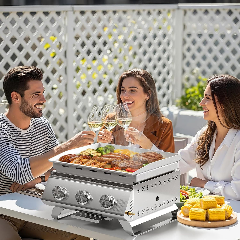 WAA 24000BTU Portable Propane Griddle, Tabletop Portable Propane Gas Grill with 3 Burners, Stainless Steel Flat Top Grill, Outdoor Cooking for Tailgating,Camping, RVs, BBQ, Patio, Silver