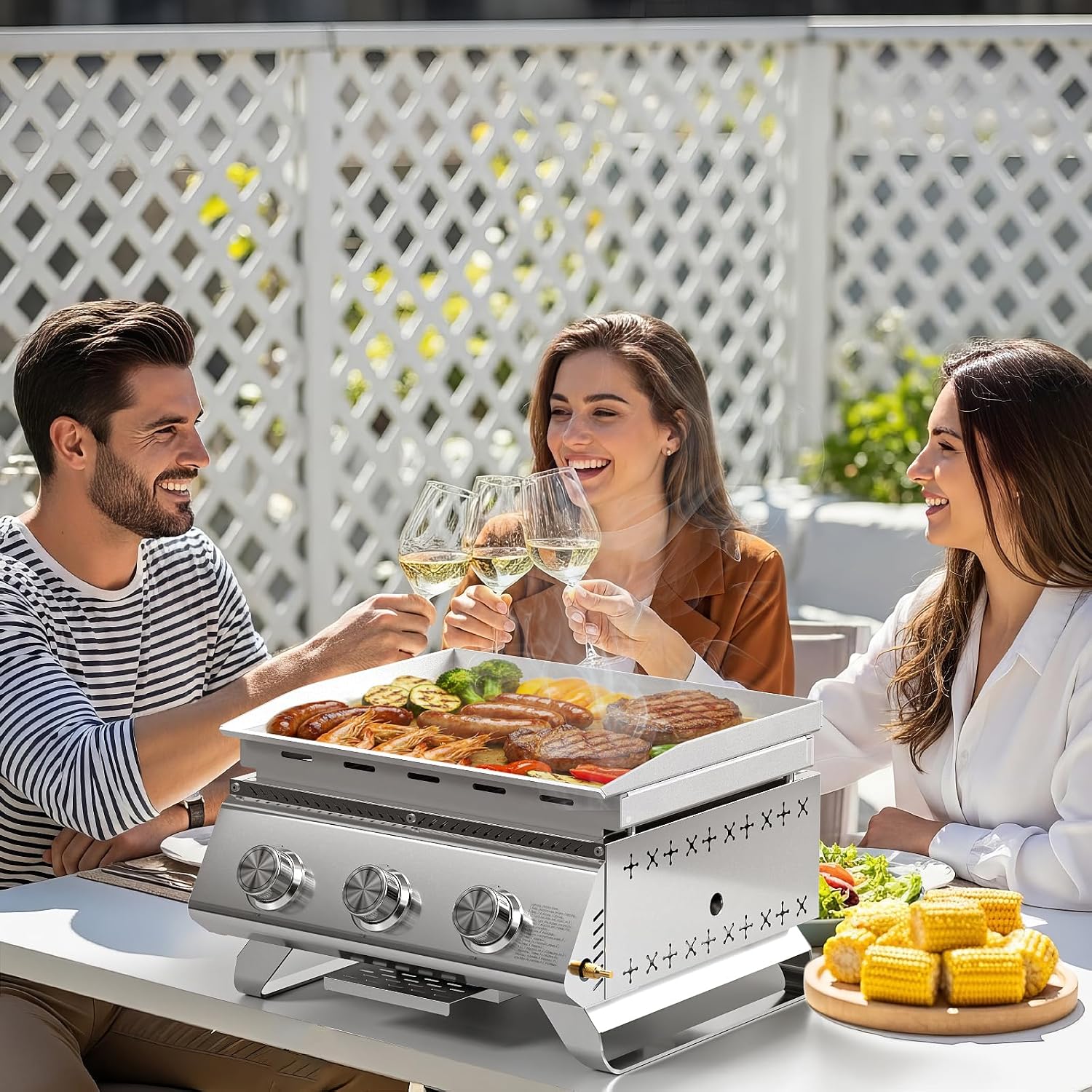 WAA 24000BTU Portable Propane Griddle, Tabletop Portable Propane Gas Grill with 3 Burners, Stainless Steel Flat Top Grill, Outdoor Cooking for Tailgating,Camping, RVs, BBQ, Patio, Silver