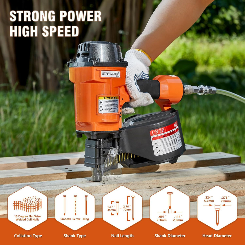 Update CN70 Air Coil Nailer, 15 Degree Pneumatic Coil Nail Gun, 1-3/4' to 2-3/4' Fast Shooting Nailer, High Speed Air Coil Nail Gun for Pallets, Siding, Crating, Fencing, Decking