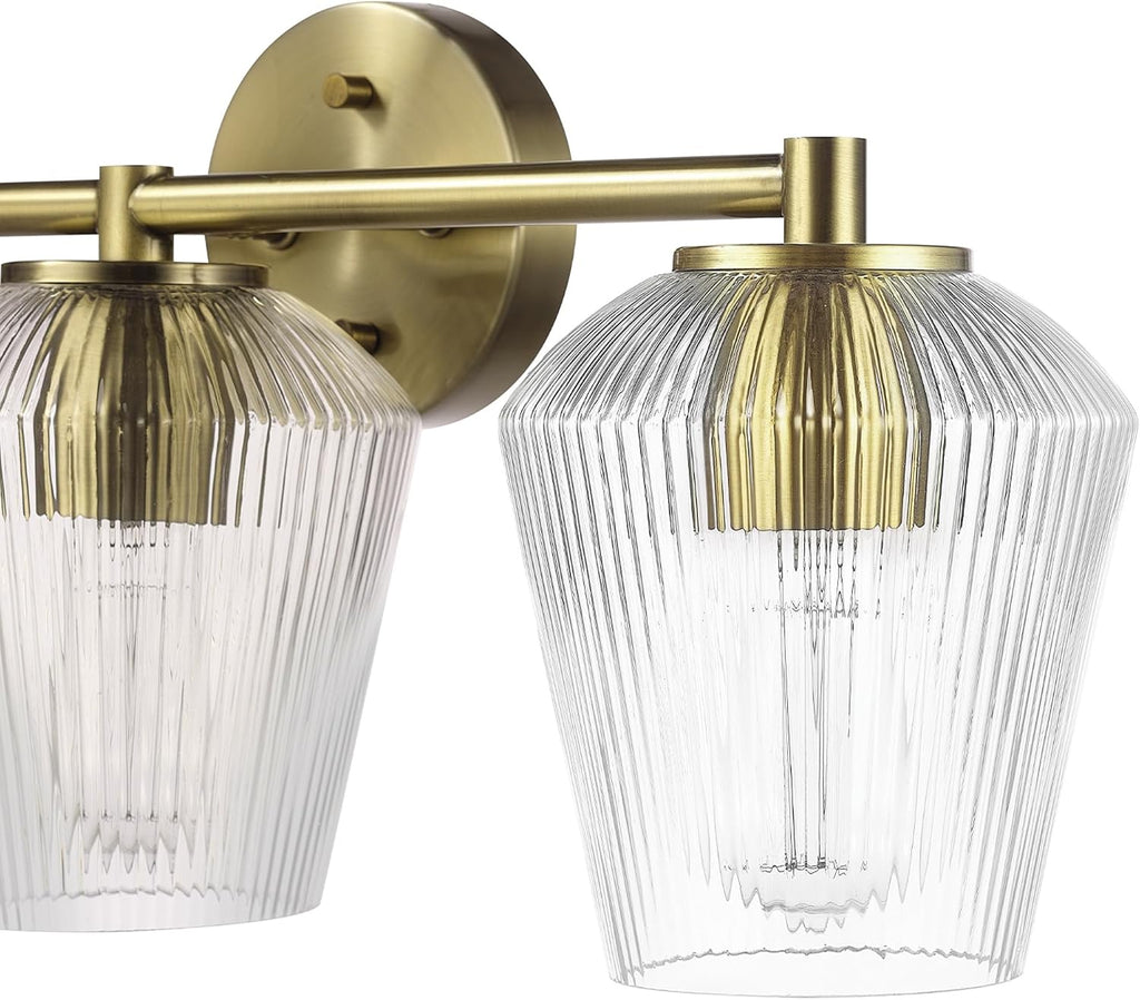 GLOBE Electric 63000063 5-Piece All-in-One Bathroom Set, Matte Brass Finish, 3-Light Vanity Light, Glass Shades, Towel Bar, Toilet Paper Holder, Towel Ring, Robe Hook, Bathroom Lights Over Mirror