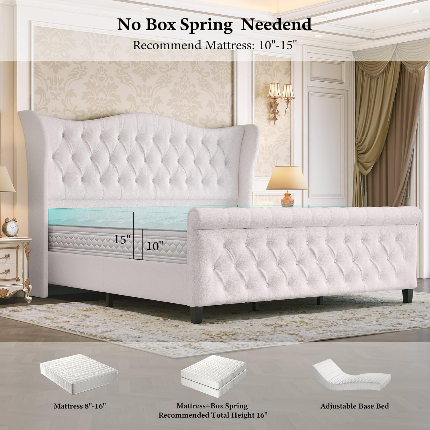 koorlian King Bed Frame,Chenille Upholstered Sleigh Bed with Scroll Wingback Headboard & Footboard,Luxury & Soft Button Tufted Modern King Bed,Easy Assembly,No Box Spring Needed
