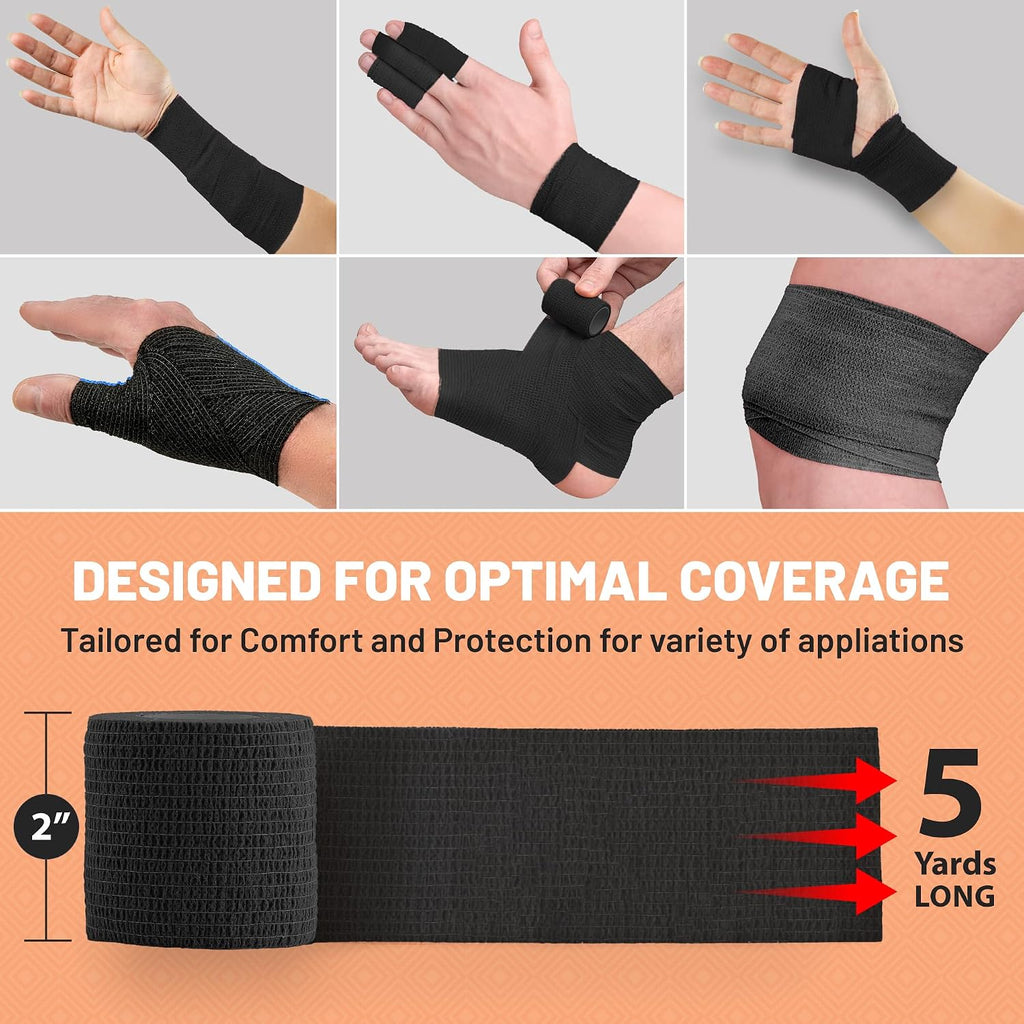 Self-Adherent Cohesive Bandage - Black Medical Wrap - (288 Rolls Bulk) - 2' Wide x 5 Yards Sports Tape for Medical Use, Sports, First Aid and Helps Protect Skin