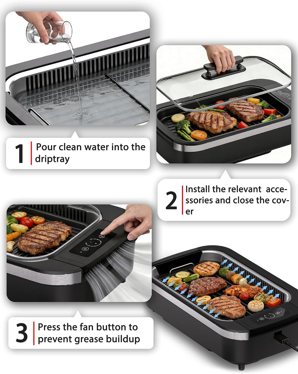 indoor Smokeless Grill, COWSAR indoor Grill, 1500W Electric Grill with Tempered Glass Lid & Drip Tray, Portable Non-Stick Korean BBQ Grill, 6-Level Control, 90 Min Auto, Dishwasher Safe