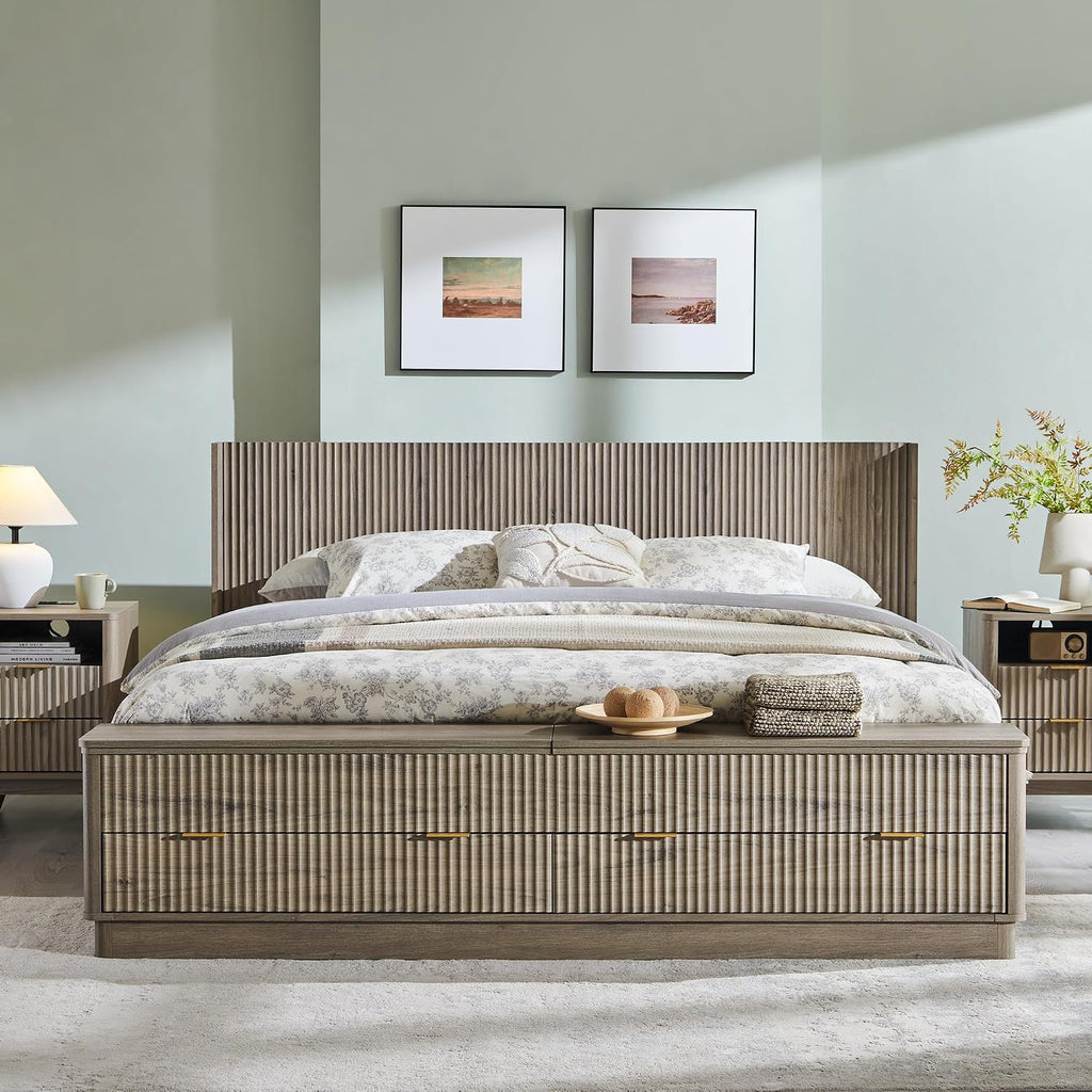 T4TREAM Fluted King Size Bed Frame with Wingback Headboard, Footboard Storage Bench with Built-in Drawers & Lift-Up Compartments, Wood & Steel Platform Bed, No Box Spring Needed, Grey Alder