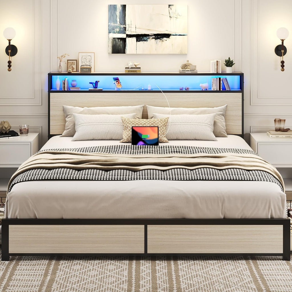 Lifezone King Bed Frame with 2-Tier Storage Headboard, Metal Platform Bed Frame with 4 Storage Drawers, Built in Charging Station & LED, Noise-Free/Metal Support/No Box Spring Needed, Beige