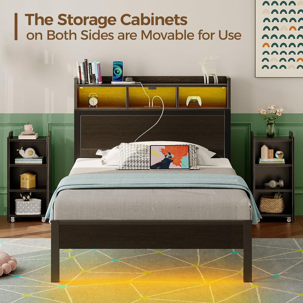 Rolanstar Twin Bed Frame with Bookcase Storage Headboard, Slide Out Bedside Storage, Bed with Charging Station & LED Lights, Heavy Duty Metal Slats, No Box Spring Needed, Noise Free, Black