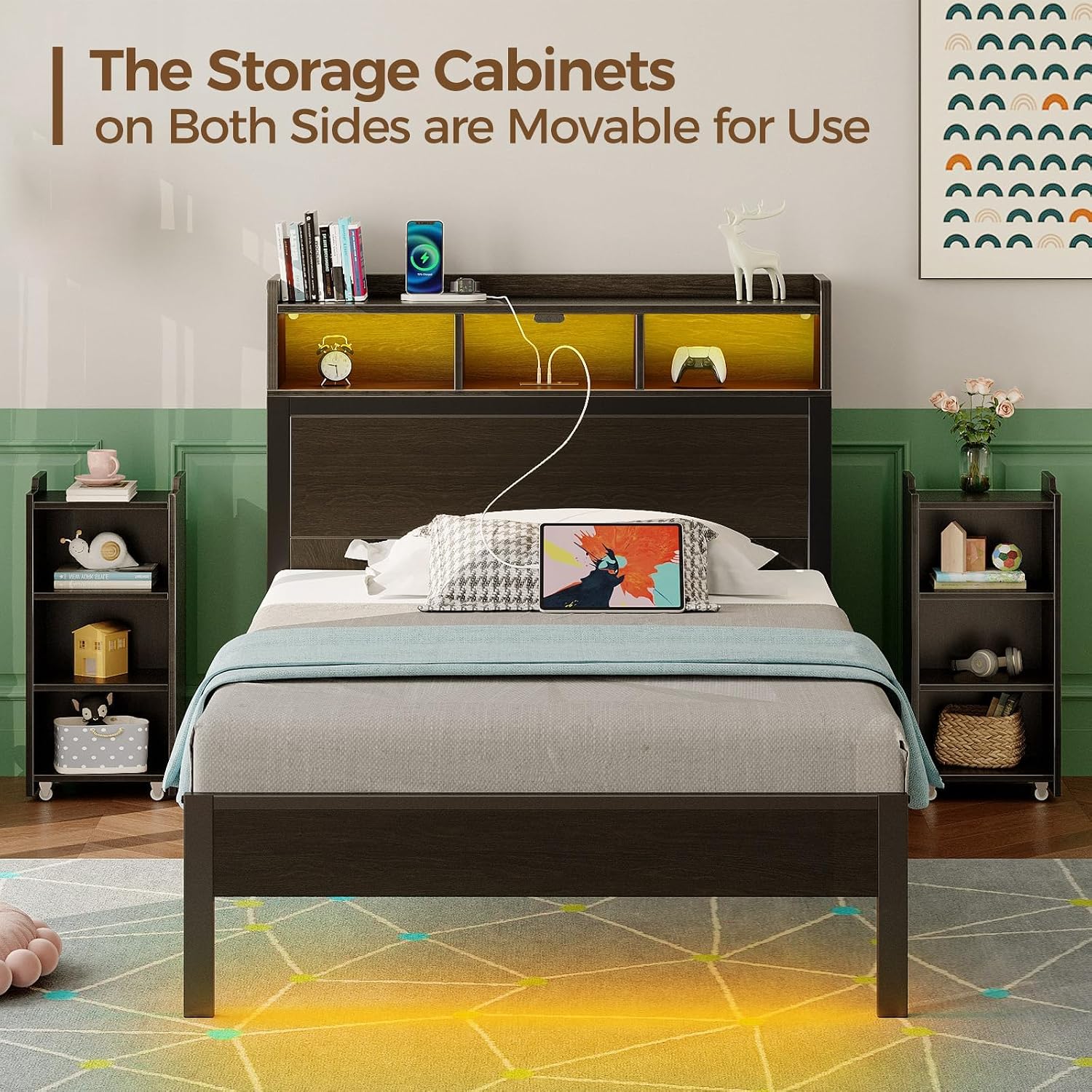 Rolanstar Twin Bed Frame with Bookcase Storage Headboard, Slide Out Bedside Storage, Bed with Charging Station & LED Lights, Heavy Duty Metal Slats, No Box Spring Needed, Noise Free, Black