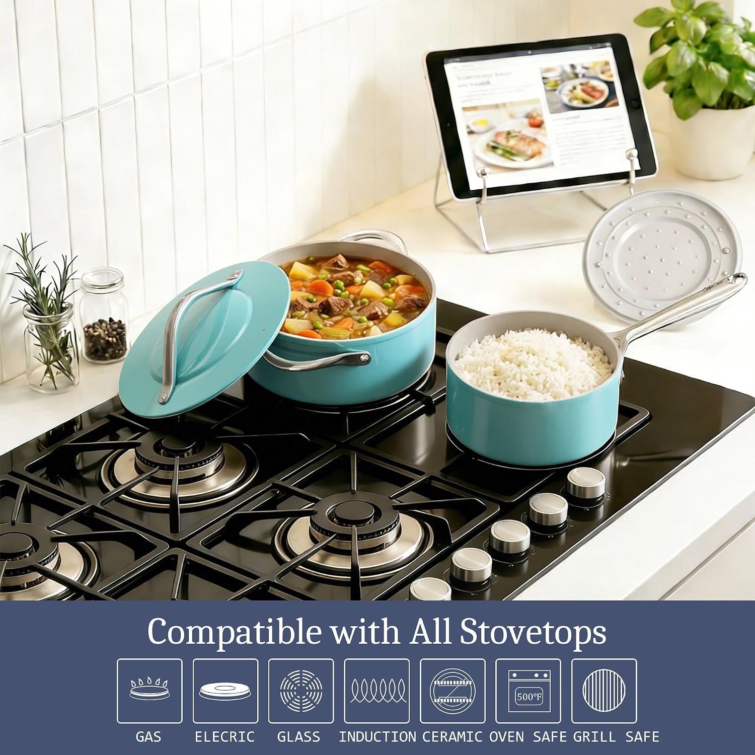 CookinCraze Ceramic Cookware Set, Pots and Pans Set Nonstick with Lid PFAS & PFOA Free, Induction Compatible Oven Safe Up to 500°F Even Heat Distribution, Caribbean Blue