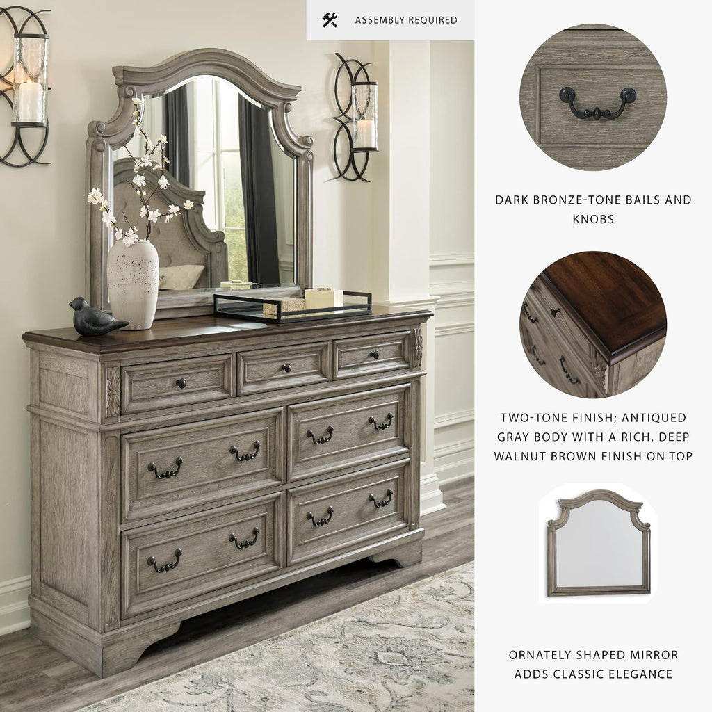 Signature Design by Ashley Lodenbay Casual Smooth-Gliding 7-Drawer Dresser and Mirror with Safety Stop, Light Gray & Dark Brown