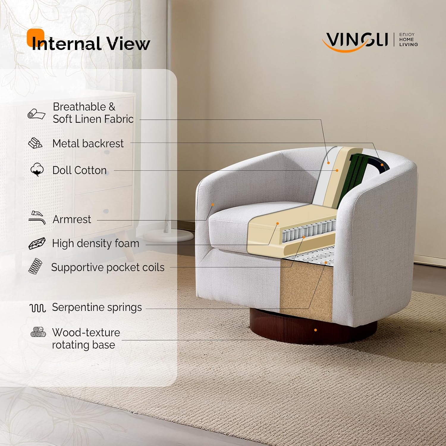 VINGLI 360°Swivel Accent Chairs Set of 2 with Engineered Wood Base and Removable Cushion for Living Room, Bedroom, Curved Back Barrel Chairs for Small Space, Upholstered Bucket Armchairs, Linen Beige