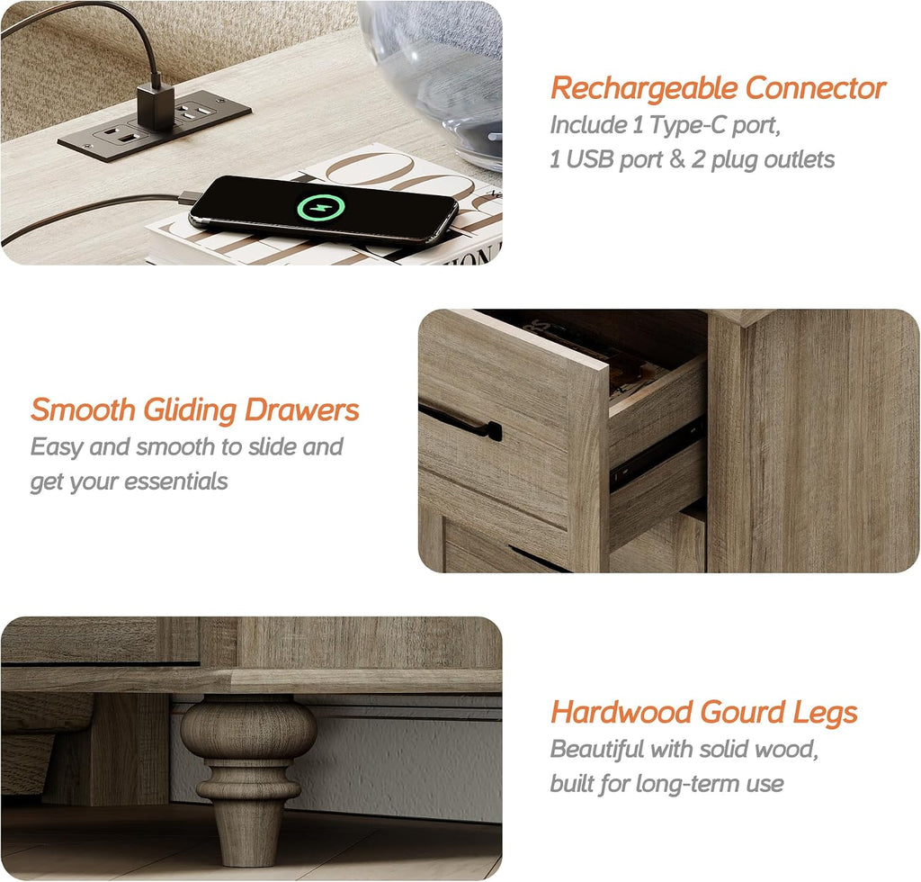 WAMPAT Nightstands with Charging Station Set of 2, 20 Inch Bedside Table with 2 Drawers, Farmhouse Night Stand Wood End Tables with Solid Wood Legs for Bedroom, Grey