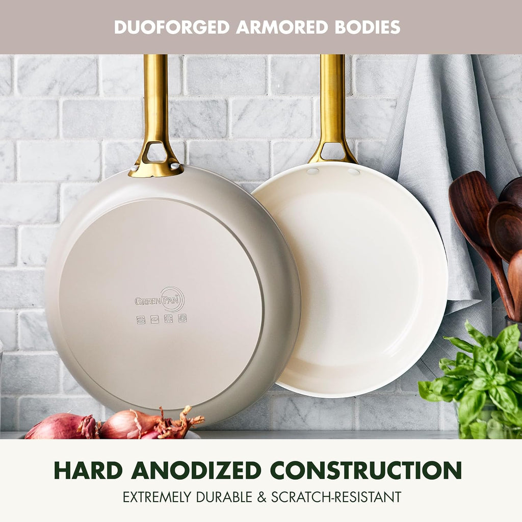 GreenPan Hard Anodized Healthy Ceramic Nonstick 10' and 12' Frying Pan Skillet Set, Gold Handle, PFAS-Free, Dishwasher Safe, Oven Safe, Taupe